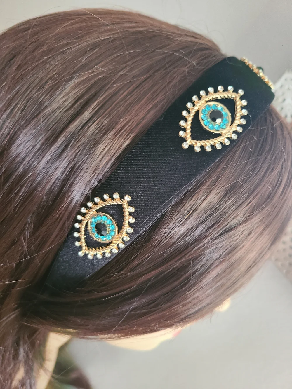 🧿 Evil Eye Jeweled Velvet Black Headband